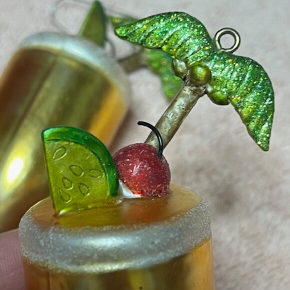 Two Christmas Hand Blown Glass Tropical Cocktail Themed Holiday Ornaments 4" - Picture 6 of 13